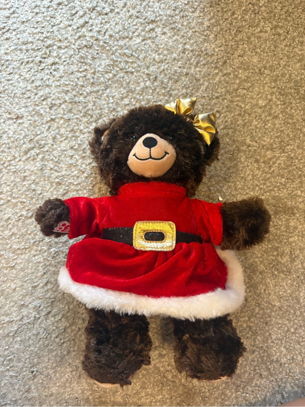 Build-A-Bear Brown Bear in Red Holiday Dress with Gold Bow Stuffed Plush